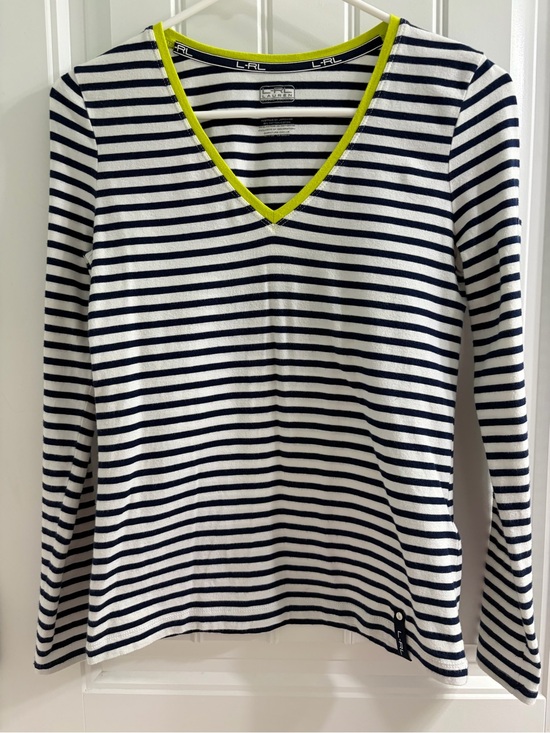 Lauren Ralph Lauren Tops - Lauren Ralph Lauren Navy and White Striped V‑Neck Long Sleeve Top with Lime Trim